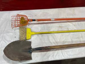 lot 216 image: Three Garden Tools Including Shovel, Broom, and Fruit Picker