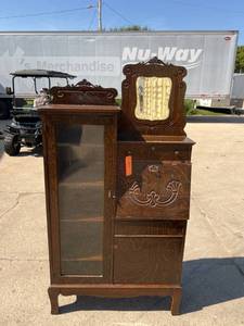 lot 911 image: Oak Secretary Cabinet with Glass Door and Beveled Mirror