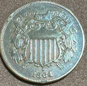 lot 2 image: 1864 2 Cent Piece