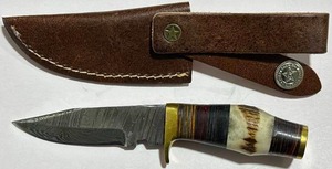 Custom 6" Damascus Antler Handle Knife with Leather Sheath