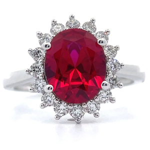 lot 11 image: Elegant 0.51 Carat Diamond & Ruby Oval Halo Cluster Ring in 14k White Gold w Report VIDEO