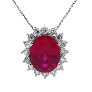 lot 12 image: 0.51 Carat Diamond & Ruby Oval Halo Pendant Necklace in 14k White Gold w Report