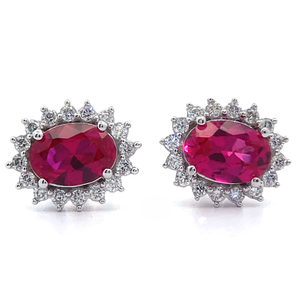 lot 13 image: 0.34 Carat Ruby & Diamond Oval Cluster Stud Earrings in 14k White Gold VIDEO