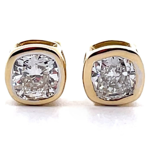 lot 36 image: Modern 1 Carat Diamond Solitaire Cushion Bezel Stud Earrings in 14k Yellow Gold VIDEO