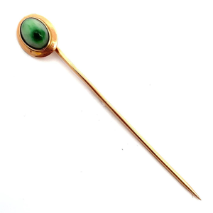lot 23 image: Cindy Cash Owned  Oval Cabochon Green Stone Vintage Style Stick Pin in 14k Yellow Gold VIDEO
