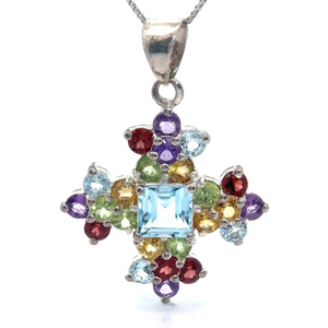 lot 29B image: Semi-Precious Gemstone Cluster Cross Pendant Amethyst, Citrine, Garnet, Blue Topaz, Peridot