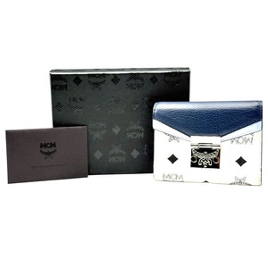 lot 45E image: MCM Blue & White Visetos Leather Tri-Fold Wallet with Box Pre-Owned Retail $500