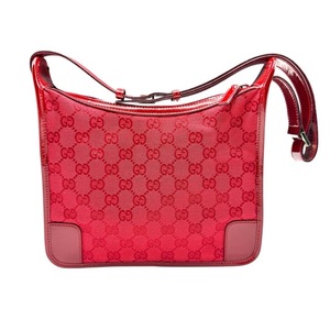 lot 10A image: Gucci Red GG Canvas x Patent Leather Shoulder Bag Pre-Owned Retail $1,200