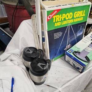 lot 19 image: Lawnchairs, 2 Like New Bubba Mugs, Hand Pump, Like New Tripod Grill, Lantern Stand