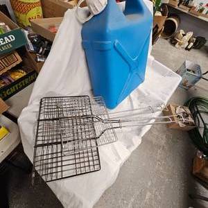 lot 37 image: Lot of Many Fishing Supplies, Waterjug, Sandwich Maker