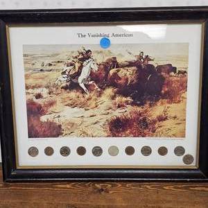 lot 175 image: Print Framed The Vanishing American w IndianBuffalo Nickels and Indian Penny Pin Collection