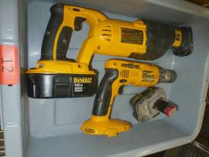 lot 12 image: Dewalt 18v reciprocating saw, drill, 2 batteries