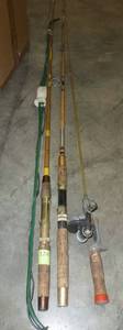 lot 142 image: 3 vintage fishing rods and a bow