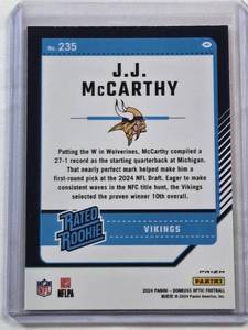 J.J. McCarthy 2024 Panini Rated Rookie Blue Hyper Prizm #235