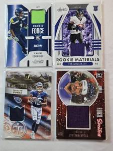 lot 16 image: Lot of 4 NFL Relic Cards from 2021-2022 - DWayne Eskridge Rookie, 2x Tylan Wallace Rookie, Treylon Burks 35399