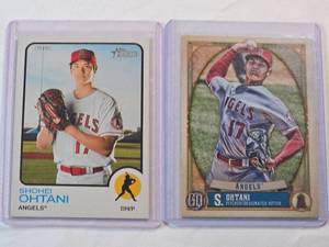 lot 42 image: Lot of 2 Shohei Ohtani - 2022 Topps Heritage No. 150 & 2021 Topps GQ No. 47