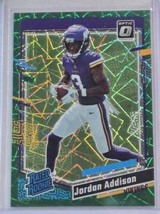 lot 60 image: Jordan Addison 2023 Donruss Rated Rookie Green Lazer Prizm #271