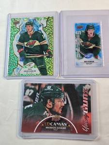 lot 92 image: Lot of 3 Minnesota Wild Cards - Joel Erikkson, Adam Beckman Premiers, Brandon Duhaime Young Guns