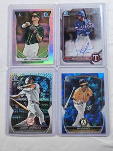 lot 128 image: Lot of 4 Bowman Refractors - Yeison Morrobel Rookie Auto, Matt Chapman 1st, Jasson Dominguez, Max Muncy