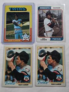 lot 190 image: Lot of 4 Rod Carew Vintage Topps Baseball Cards from the 1970s