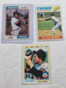 lot 214 image: Lot of 3 Rod Carew Vintage Baseball Cards Including Topps from 1974, 1977, 1978