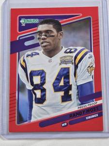 lot 231 image: Randy Moss 2021 Panini Donruss Red Press Proof SP #128 - Minnesota Vikings Football Card