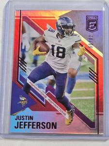 lot 240 image: Justin Jefferson 2021 Panini Donruss Elite Ruby Foil SP #45 and Numbered 5082 - Minnesota Vikings Football Card