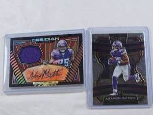 lot 252 image: Lot of 2 Alexander Mattison Rookie Cards Including a Rookie Patch Auto Obsidian Numbered 1475 & Panini Select
