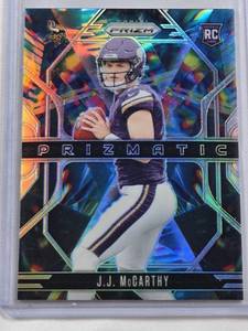 lot 282 image: J.J. McCarthy Rookie 2024 Panini Prizm Prizmatic Refractor #8 - Minnesota Vikings Football Card