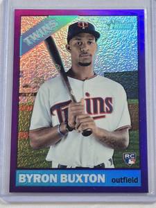 lot 308 image: Byron Buxton Rookie 2015 Topps Heritage Purple Refractor #724 - Minnesota Twins Baseball Card