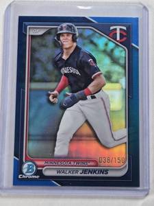 lot 325 image: Walker Jenkins Rookie 2024 Bowman Chrome Blue Refractor #BDC-166 and Numbered 38150 - Minnesota Twins Baseball Card