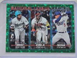 lot 330 image: Luis Arraez, Ronald Acuna Jr., Freddie Freeman 2023 Topps Green Foil National League leaders #206 and Numbered 199499