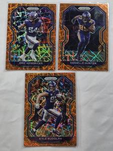 lot 355 image: Lot of 3 Orange Laser Prizm Cards Danielle Hunter, Eric Kendricks, and Kyle Rudolph - Minnesota Vikings Cards