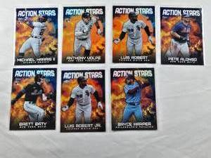 lot 357 image: Lot of 7 Action Stars Insert Baseball Cards Including Rookie Cards - Michael Harris II RC, Anthony Volpe RC, Luis Robert Jr., Pete Alonso, Brett Baty RC, and Bryce Harper. Includes Rookie Cards.