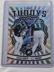lot 376 image: Jalen Hurts, A.J. Brown 2023 Panini Donruss Optic Silver Holo Prizm Best Tuddys #BT-JA - Philadelphia Eagles Football Card