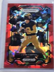 lot 399 image: J.J. McCarthy Rookie 2024 Panini Prizm Red Cracked Ice #132 - Michigan Wolverines Football Card