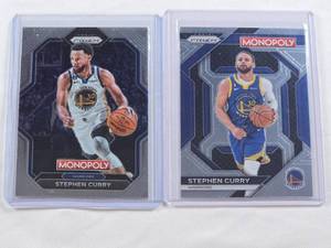 lot 409 image: Lot of 2 Stephen Curry Panini Monopoly Prizm Inserts - Golden State Warriors
