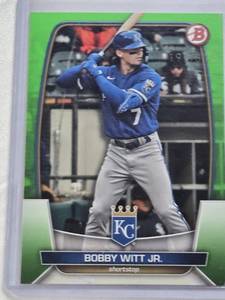 lot 415 image: Bobby Witt Jr. 2023 Bowman Green SP #57 and Numbered 191399 - Kansas City Royals Baseball Card