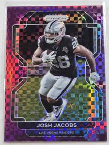 lot 428 image: Josh Jacobs 2021 Panini Prizm Purple Prizm #180 and Numbered 1449 - Las Vegas Raiders Football Card