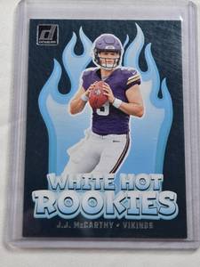 lot 440 image: J.J. McCarthy Rookie 2024 Panini Donruss White Hot Rookies Insert #WH1 - Minnesota Vikings Football Card