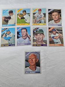 lot 444 image: Lot of 9 Vintage Topps Baseball Cards from 1966  Bill Rigney, Billy ODell, Chris Krug, Phil Gagliano, Don Mossi, Lee Thomas, Don Wert, Jimmie Hall, and Dick Stuart