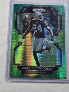 lot 452 image: Charles Woodson 2021 Panini Prizm Green Refractor #186 and Numbered 45175 - Oakland Raiders Football Card