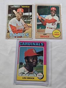 lot 454 image: Lot of 3 Lou Brock 1967 #285, 1968 # 520, 1975 # 540 - Vintage St. Louis Cardinals Baseball Cards