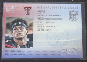 lot 4 image: 2017 Prestige NFL Passport Patrick Mahomes #5 Rookie Card