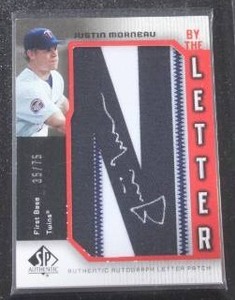 lot 9 image: 2006 SP Authentic By The Letter Justin Morneau Patch Autograph 3575  Only 75 Exist
