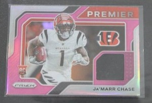 lot 39 image: 2021 Prizm Premier Pink JaMarr Chase Jersey Relic Rookie Card