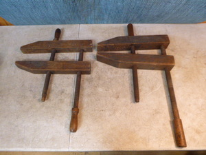 lot 98 image: 2 Large Vintage Wooden Hand Screw Clamps