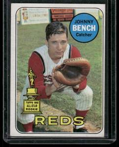 lot 7 image: Johnny Bench 2nd Year Rookie Cup  1969 Topps #95  Cincinnati Reds Baseball Card