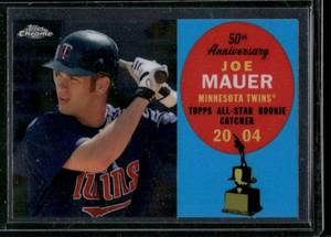 lot 249 image: Joe Mauer  2008 Topps Chrome 50th Anniversary All Rookie Team #ARC14  Minnesota Twins Baseball Card