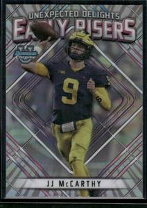 lot 22 image: JJ McCarthy RC 2023 Bowman University Chrome Unexpected Delights Early Risers #ER-3  Michigan Wolverines Football Card